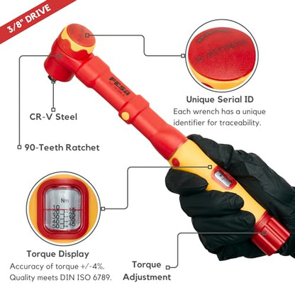 FESA Electrician Insulated Torque Wrench (3/8" Drive, 10-50 Nm Range) | w/Easy Torque Adjustment & Scale Display - Each Insulated Wrench Has ID for Traceability - style: 3/8" Drive, 10-50 Nm Range