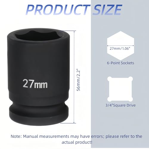 3/4"Drive x 27mm Metric, 6-Point Deep Impact Socket, Axle Nut Impact Socket | 40CR Alloy Steel,Clear labeling, Common Tools for Car Repair/Mechanical Work/Construction/Carpentry and Home Maintenance - size: 27mm