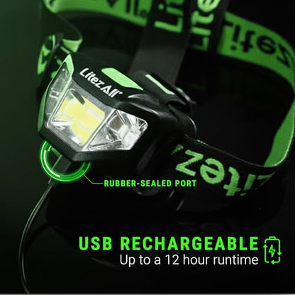 LitezAll Quattro 4 Mode LED Headlamp - Rechargeable Hands-Free Lighting for Camping & Hiking, 2 Pack