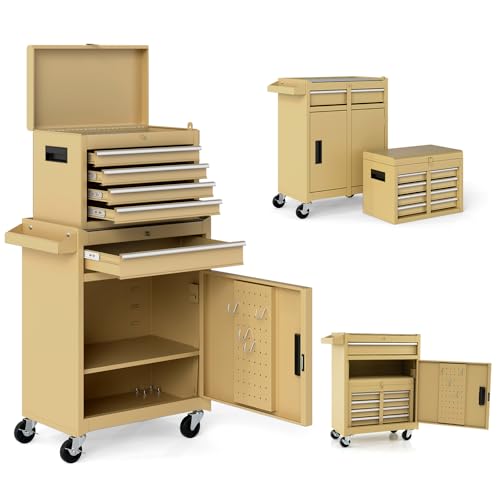 Goplus Tool Chest, 5 Drawers Rolling Tool Cabinet with Detachable Top Toolbox, Universal Lockable Wheels, Lock Bar, Protective Liner & Tool Rack, Metal Tool Storage Cart, Tool Box for Garage Workshop - color: Sand Yellow, style: 5-Drawers