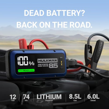 Hulkman Alpha 85 2000A Smart Battery Jumper Starter Portable for 12V Vehicles,Car Starter Jump Box with 65W Fast Charger,3.3" LED Display, 5 Lighting Modes, Jump Pack, for Up to 8.5L Gas & 6.0L Diesel