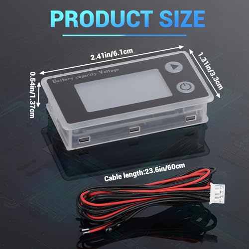 DROK 48v Golf Cart Battery Meter, 10-100v Digital Volt Meter Battery Capacity Tester Temperature Gauge, Black, 60cm Cable - color: Black, size: 48V/60cm Wire