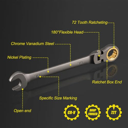EMENTOL 24-Piece Flex Head Ratcheting Wrench Set, Metric & SAE Combination | 72 Tooth Cr-V Steel 180° Swivel Flexible Ratchet Wrench Kit for Auto, Machinery Repair & Household DIY Maintenance - size: Metric 8-19mm & SAE 1/4"-7/8"