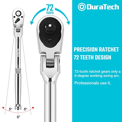 DURATECH 3-Piece Flex-Head Ratchet Set, 1/4", 3/8", 1/2" Drive | 72-Tooth, Quick-Release Reversible Design, Chrome Alloy Made, Fully Polished, Organized in Storage Case - size: 1/4", 3/8", 1/2" Drive