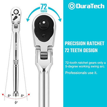DURATECH 3-Piece Flex-Head Ratchet Set, 1/4", 3/8", 1/2" Drive | 72-Tooth, Quick-Release Reversible Design, Chrome Alloy Made, Fully Polished, Organized in Storage Case - size: 1/4", 3/8", 1/2" Drive