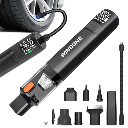 Windone Car Vacuum, 12000Pa 2-in-1 Cleaner & Tire Inflator 150PSI | 60W Brushless Motor, Cordless Handheld Vacuum & Air Pump with Pressure Gauge, LED Light, Multi-Nozzles for Car, Home, Office