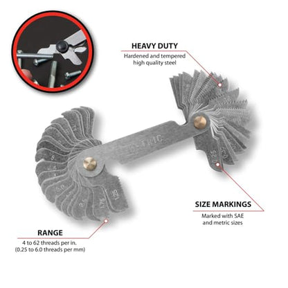Performance Tool W8655 Combination Thread Pitch Gauge - Standard and Metric, 60 Degree Angle, Quality Construction for Accurate Readings.