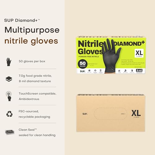 SUPER+ Disposable Nitrile Gloves, 8 Mil Diamond Powder-Free Latex-Free Food Safe Chemical Resistant Heavy Duty, Black 500 Ct - color: X-large (Black)