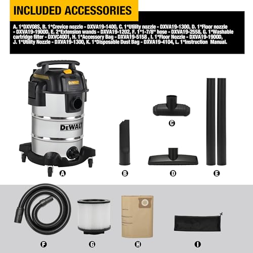 DEWALT DXV08S 8 Gallon 4 Peak HP Shop Vacuum Wet and Dry with Blower | Heavy Duty Shop Vac, 10ft Cord, 7ft x 1-7/8" Hose, 9 Accessories, Stainless Steel Tank, for Jobsite, Workbench and Garage