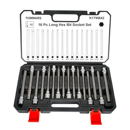TOMMARS 16-Pc Long Hex Bit Socket Set CR-V and S2 Steel, SAE & Metric | SAE & Metric 1/8-3/8 in., 3-10 mm. Extra Long Allen Socket Set - style: 3-10mm,1/8"-3/8"(16PCS)