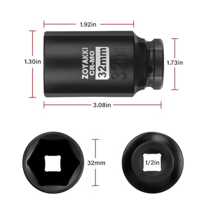 1/2" Drive 32mm Deep 6 Pt CR-MO Metric Impact Socket for Axle Nuts - size: 32mm, style: 1/2" Drive Deep