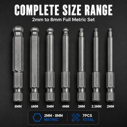 VESTTIO Ball End Hex Head Metric Allen Wrench Drill Screwdriver Bit Set 7PCS 1/4 Inch Hex Shank 2.56 Inch/65 mm Length S2 Steel with Magnetic for Power Screwdriver Drill Impact Driver | Industrial S2 alloy steel, 1/4 inch hex shank, magnetic tips, metric