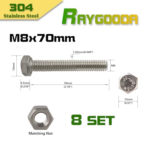 M8-1.25x70mm Hex Bolt and Nut Kit 8set, 304 Stainless Steel (A2-70), Full Thread, Bright Finish, Machine Threaded for Automotive, Machinery, DIY - size: M8x70mm(8 Sets）