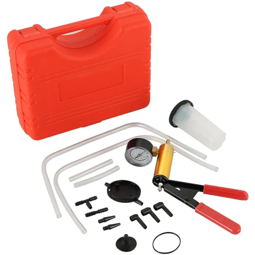 DASBET 2 in 1 Brake Bleeder Kit with Hand Held Vacuum Pump Tester | 16PCS Brake Clutch Bleeder Tool with Adapters One-Man Brake and Clutch Bleeding System for Automotive (Red) - color: Red