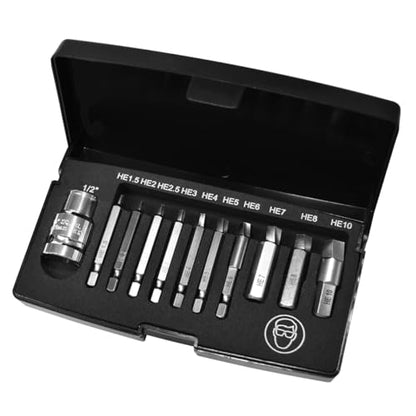 K Tool International 75422 Hex Screw Extractor Set for Garages, Repair Shops and DIY, Silicon Alloy Steel, Heat-treated, Chrome-plated, (3) 1/4", (3) 10mm, (1) 1/2" Drives, Damaged Screws, Molded Case
