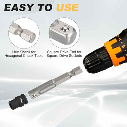 HARFINGTON 10pcs Impact Socket Adapter 3/8" Square Drive 1/4" Hex Shank 2" Long Extension Bit for Axle Nut Driver Drill Socket Sets - size: 3/8" x 2"