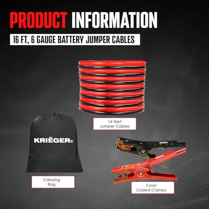 K KRIËGER Jumper Cables for Car Battery, Heavy Duty Automotive Booster Cables for Jump Starting Dead or Weak Batteries with Carrying Bag Included (16-Feet (6-Gauge) - size: 16-Feet (6-Gauge)
