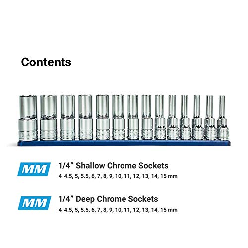 Capri Tools 1/4 Drive Shallow and Deep Chrome Sockets Set, 6-Point, 4 to 15 mm, Metric, 28-Piece with Billet Aluminum Socket Rail - size: Shallow & Deep Set w. Rail / 4-15 mm