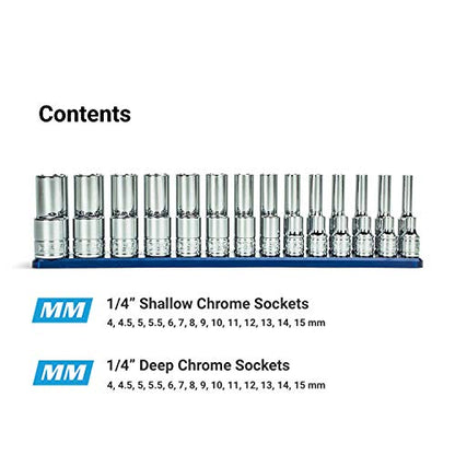 Capri Tools 1/4 Drive Shallow and Deep Chrome Sockets Set, 6-Point, 4 to 15 mm, Metric, 28-Piece with Billet Aluminum Socket Rail - size: Shallow & Deep Set w. Rail / 4-15 mm
