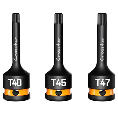 Crosstar T40 T45 T47 Impact Torx Bit Socket Set, 1/2" Drive Cr-Mo Steel, Long High Impact Star Sockets for Automotive & Heavy-Duty Use, Professional Mechanic Tools with Transparent Case - size: T40T45T47 (Long)
