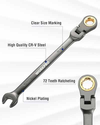 WORKPRO 8 mm Flex-Head Ratcheting Combination Wrench, Cr-V Constructed, Nickel Plating, 72-Teeth, 12 Point Design, Metric - size: 8 mm, style: Nickel Plating