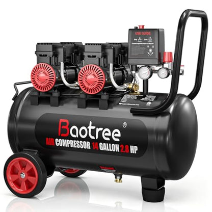 14 Gallon Ultra Quiet Air Compressor with Two Quick Couplers, 2.8HP MAX 115PSI Oil-Free Air Compressor Steel Tanks, 70dB Air Compressor with Wheels for Spray Painting, Auto Repair, Woodwork Nailing - size: 14G