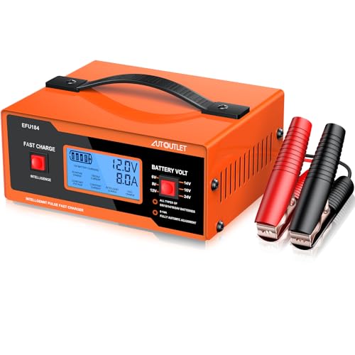 AUTOUTLET 8V Car Battery Charger, 0-14A Fully Automatic 6/8/12/14/16/2 Lead-Acid Battery Charger & Maintainer with 7-Stage Charging, Overcharge Protection, Reverse Polarity LED Indicator, 80cm Cable - color: orange