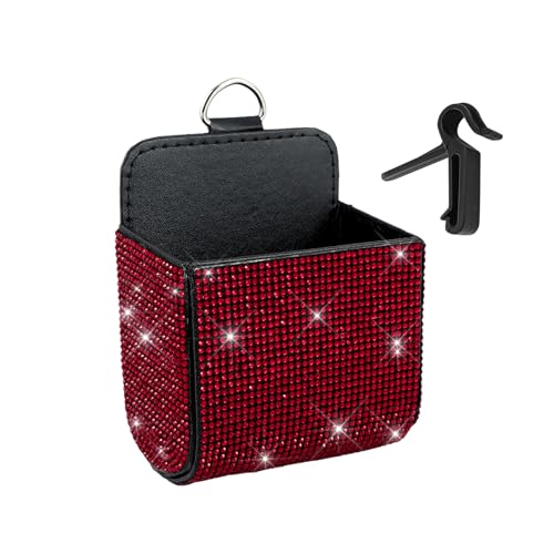 Car Vent Storage Organizer, Coin Holder for Car, Rhinestone Auto Vent Leather Pocket, Universal Car Accessories Bling Automotive Pouch Box with Hook Fit for Sunglasses, Key, Coin (Red) - color: Red