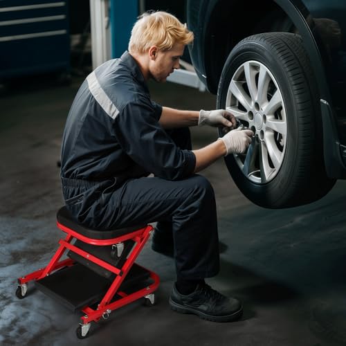 Magshion 36" Triplex Folding Creeper 2-in-1 Garage Foldable Creeper and Seat, Low Profile Mechanic Creeper with 6 Caster Wheels - 330 lbs Capacity (Red) - color: Red, size: 36"