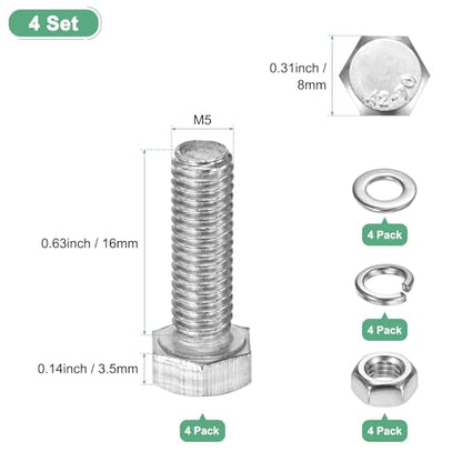 M METERXITY 4-Pack Hex Head Screw Bolt with Nuts Flat & Lock Washers M5x16mm Stainless Steel Bolts and Nuts Kit Fully Threaded Metric Bolt Assortment for Equipment/Machinery - size: M5 x 16mm