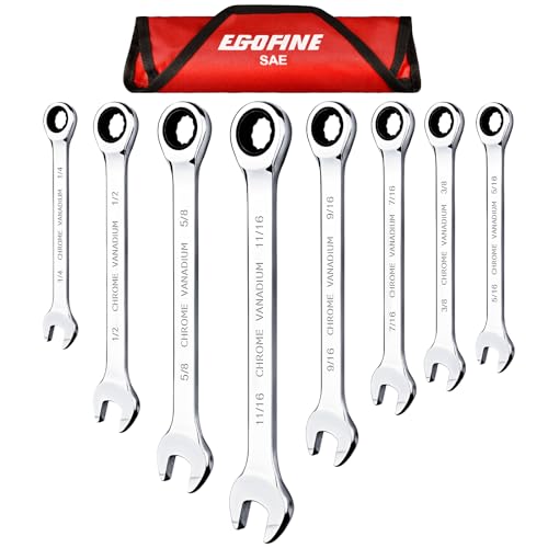 Egofine 8-Piece Ratcheting Wrench Set, Cr-V Steel SAE Wrench Set from 1/4" to 11/16", 72 Teeth Ratchet Wrench, 12 Point Open End & Box End Combination wrench set with Roll Up Pouch - size: SAE-8 piece set