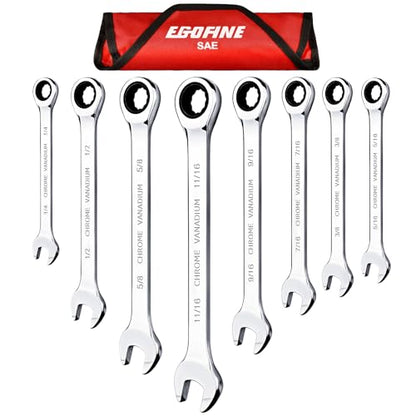 Egofine 8-Piece Ratcheting Wrench Set, Cr-V Steel SAE Wrench Set from 1/4" to 11/16", 72 Teeth Ratchet Wrench, 12 Point Open End & Box End Combination wrench set with Roll Up Pouch - size: SAE-8 piece set