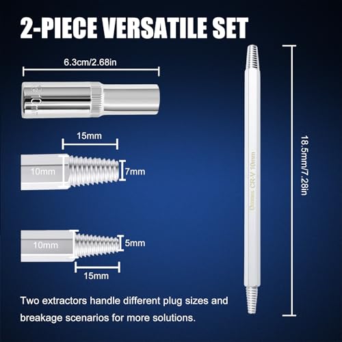 Broken Spark Plug Remover Tool, 2-Piece Extractor Set with Left-Hand Thread and 10mm 3/8” Drive Socket for Seized Frozen Spark Plugs in Cars Trucks and SUVs