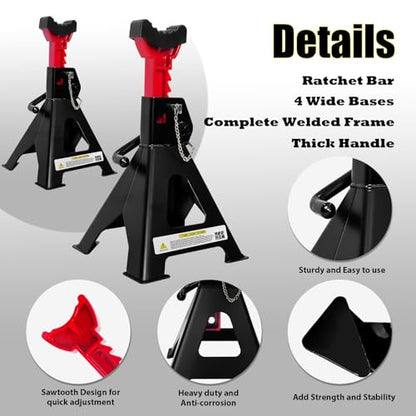 YATOINTO 6 Ton Jack Stands, 15.6"-23.4" Adjustable with Double Pin Locking,Heavy Duty Jack Stands with Extra Rubber Pads,Car Lifts for Home Garage,Lifting Various Vehicles,1 Pair Black - color: Black+Red, size: 6 Ton Double Pin Locking with Rubber Pads
