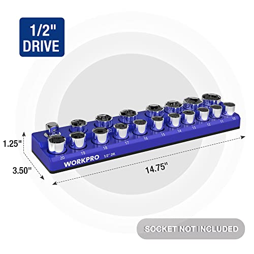 WORKPRO Magnetic Socket Organizer, 1/2-Inch Metric Socket Holder | Hold 19-Piece Sockets, Suitable for Standard and Deep Socket, Magnetic Base, No Scratches Installation, Sockets not Included - size: 1/2" DR - Metric