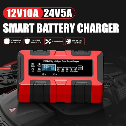 12V/24V 10Amp Smart Car Battery Charger, Automatic Maintainer & Trickle Charger, Desulfator, Temp Compensation, Overcharge Protection for Automobile Truck Motorcycle Boat LiFePO4 AGM Gel STD Batteries