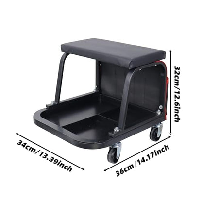 Rolling Mechanic Garage Stool on Wheels with Padded Cushion, Tool Tray Storage and Side Pockets, 300 LBS Capacity, Black - color: Black
