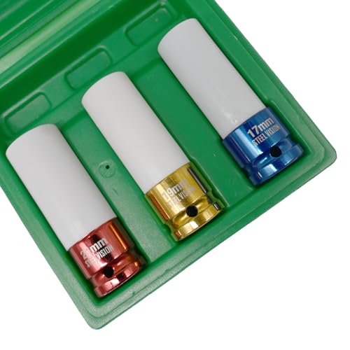 Steel Vision Tools 1/2" Drive Lug Nut Impact Socket Set, 3PC Metric (17mm, 19mm, 21mm)，Cr-Mo Alloy Wheel Socket Set, Color-Coded Impact Socket Set for Automotive, Tire & Wheel Maintenance - color: 3pc Metric