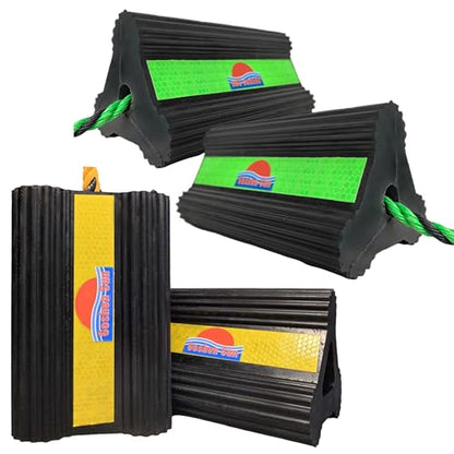 Goshen Sun- Heavy Duty Rubber Wheel Chocks with Reflective Strips,Set of 2/4 (8.25x4.5x4 Inch),All-Weather, Non-Slip,Wear-Resistant & Portable Parking Security for Airplan, RV, Trailer (4, Green)