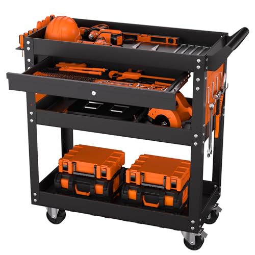 4 Tier Heavy Duty Rolling Tool Cart On Wheels, 350 Lb Capacity, Metal Utility Carts with Lockable Drawer & Side Pegboards, Mechanic Tool Storage Organizer for Garage Workshop Repair Shop
