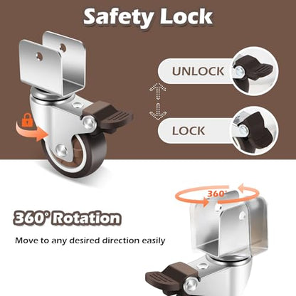 Nefish 2 Inch Caster Wheels with 3/4” (20 mm) U Bracket, Small Rubber Casters Set of 4 with Brake, 360 Degree Ball Bearing Plate Swivel Castors Wheels, Crib Caster Wheels for Dresser, Cabinet, Desk - style: 2 IN U-Shaped (4 Pack)