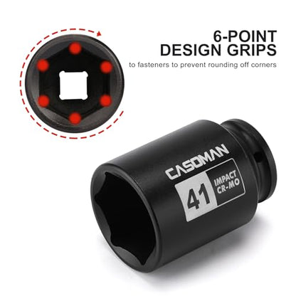 CASOMAN 1/2" Drive x 41mm Deep 6 PT Impact Socket, CR-MO, 1/2-Inch Drive Axle Nut Socket for Easy Removal of Axle Shaft Nuts (41MM) - size: 41 mm (Deep), style: 6-Point Socket