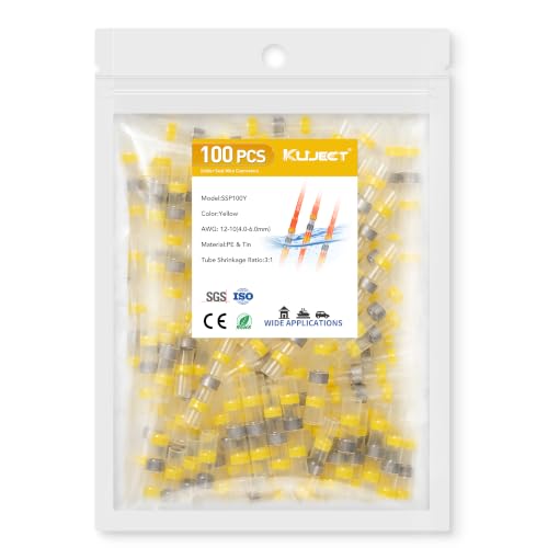 Kuject 100PCS Solder Seal Wire Connectors AWG 12-10, Yellow Solder Seal Heat Shrink Butt Connectors Terminals Solderstick Sleeve Waterproof Wire Splice Connector for Marine Boat Wire Joint - size: AWG 12-10 Yellow