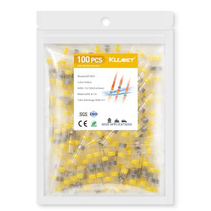 Kuject 100PCS Solder Seal Wire Connectors AWG 12-10, Yellow Solder Seal Heat Shrink Butt Connectors Terminals Solderstick Sleeve Waterproof Wire Splice Connector for Marine Boat Wire Joint - size: AWG 12-10 Yellow