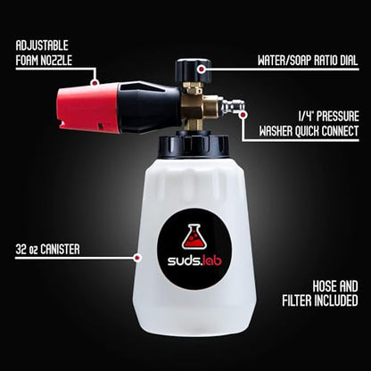 Suds Lab F1 Professional Foam Cannon with 32 Ounce Canister | Adjustable Foam Nozzle, Quick Connect Pressure Washer, Car Washing