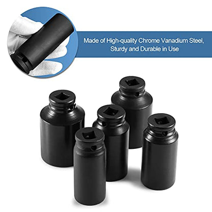 1/2” Drive Deep 6-point Spindle Axle Nut Impact Socket Set CR-MO 29 to 38 mm Heavy Duty Impact Socket Set (9 Pieces, Metric)