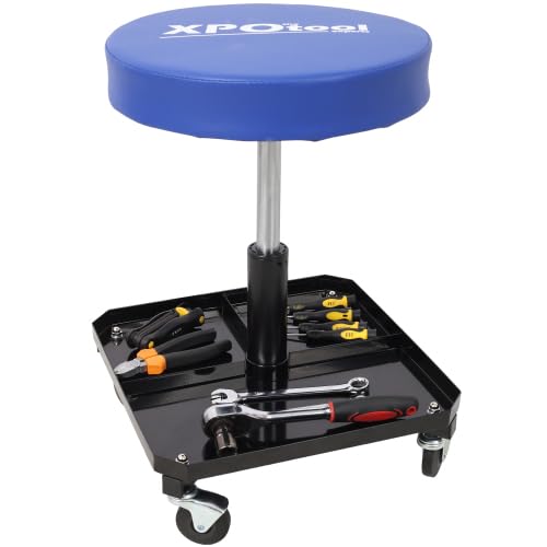 Adjustable Mechanic Stool with Tool Tray, 250 LBS Garage Seat with 360° Casters for Auto Repair, Workshop, DIY Projects