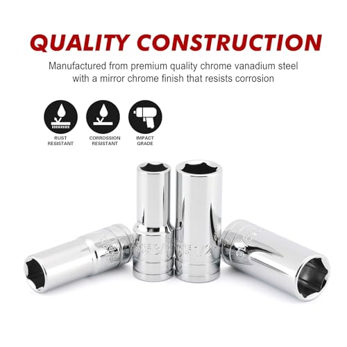 CASOMAN 11PCS 3/8" Drive 6 Pt. Mid-Length Socket Set, SAE, Mirror Chrome Finish, 1/4", 5/16", 3/8", 7/16", 1/2", 9/16", 5/8", 11/16", 3/4", 13/16", 7/8" - size: 3/8"Dr., Mid-Length, 6.4 to 22.2mm