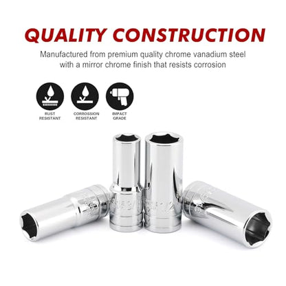 CASOMAN 11PCS 3/8" Drive 6 Pt. Mid-Length Socket Set, SAE, Mirror Chrome Finish, 1/4", 5/16", 3/8", 7/16", 1/2", 9/16", 5/8", 11/16", 3/4", 13/16", 7/8" - size: 3/8"Dr., Mid-Length, 6.4 to 22.2mm