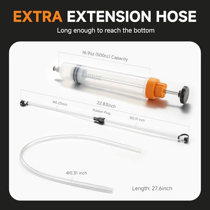 FOUR UNCLES 500cc Fluid Transfer Syringe with Hose for Oil Service | 500cc Capacity,Extended Reach Hose,Aluminum Handle,Professional Control,Heavy-Duty Service Tool - size: 500cc(70cm hose)